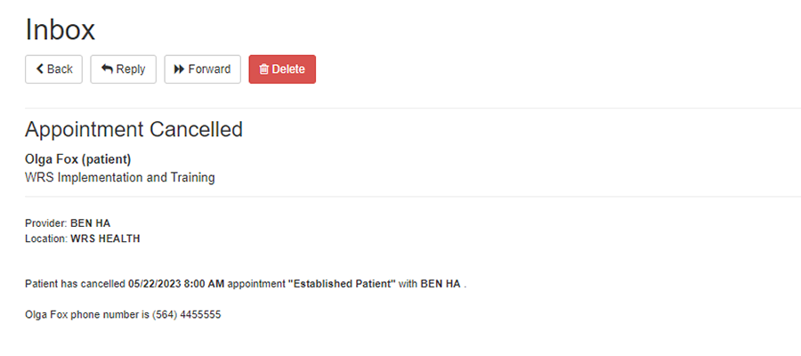 Appt in portal - inbox cancelled appointment