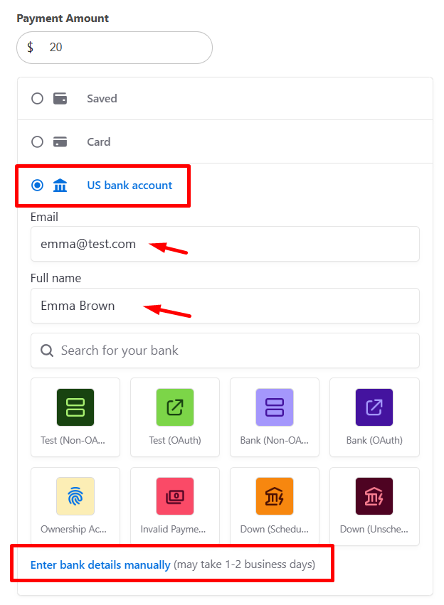 Select bank or enter bank details manually