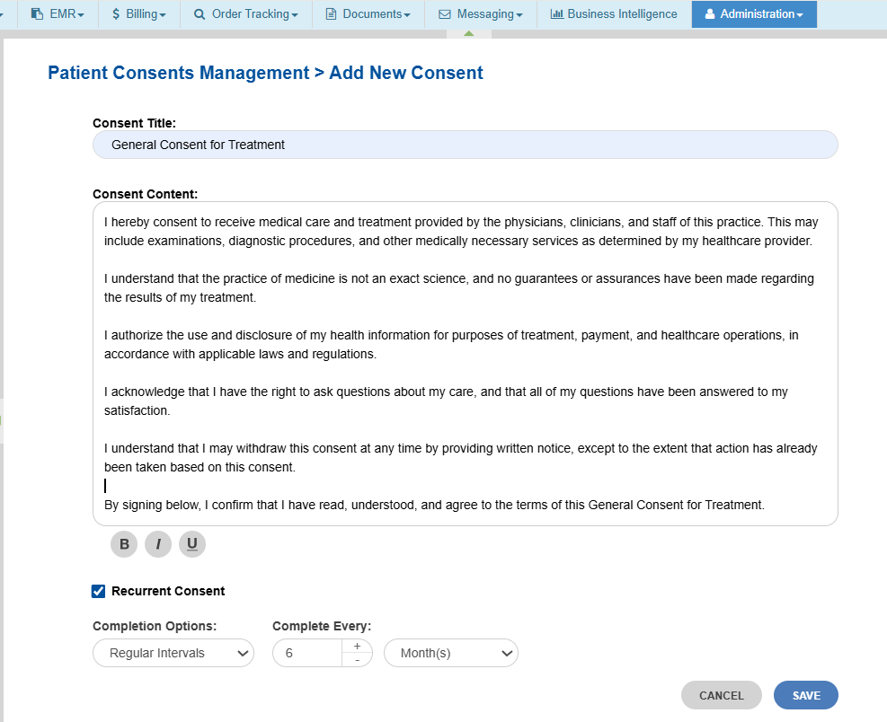 Patient Consents Management screen