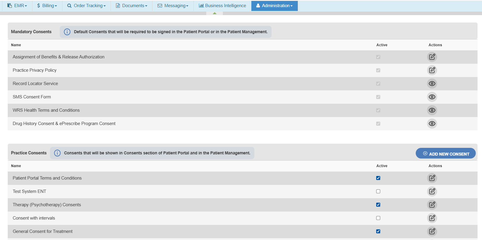 Patient Consents Management screen