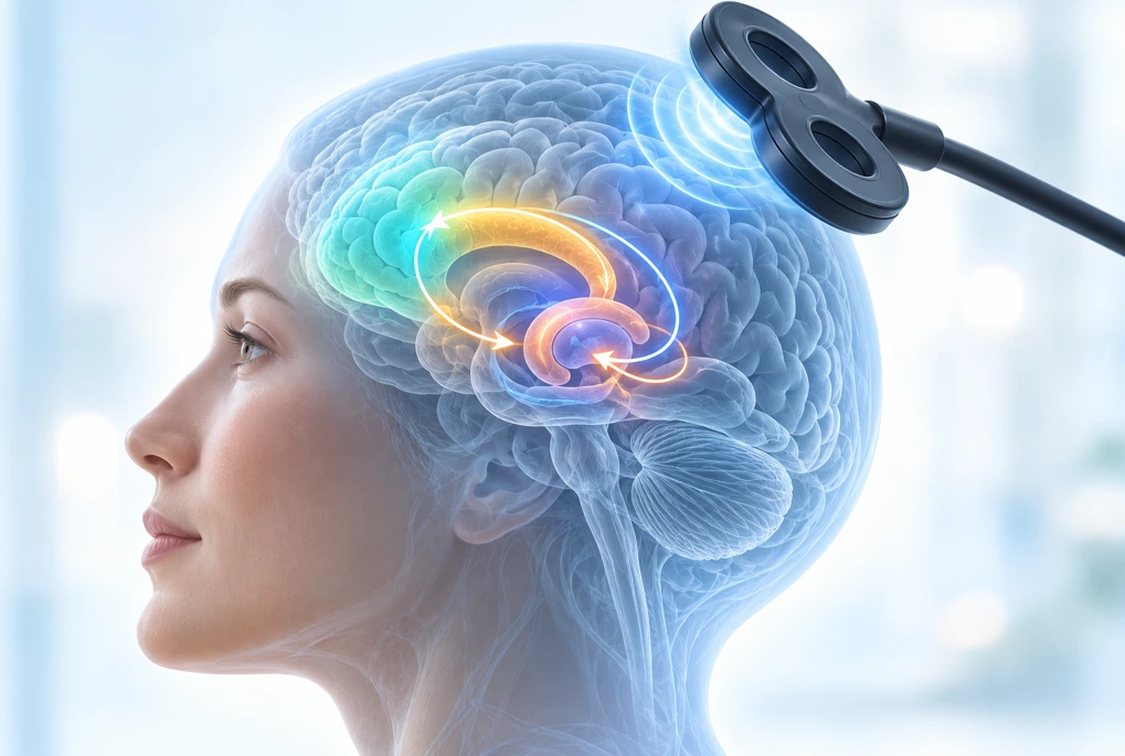 Patient education image showing TMS modulation of OCD related brain circuits