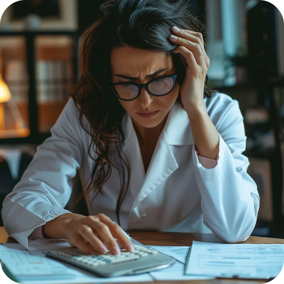Overwhelmed neurologist looking at billing paperwork