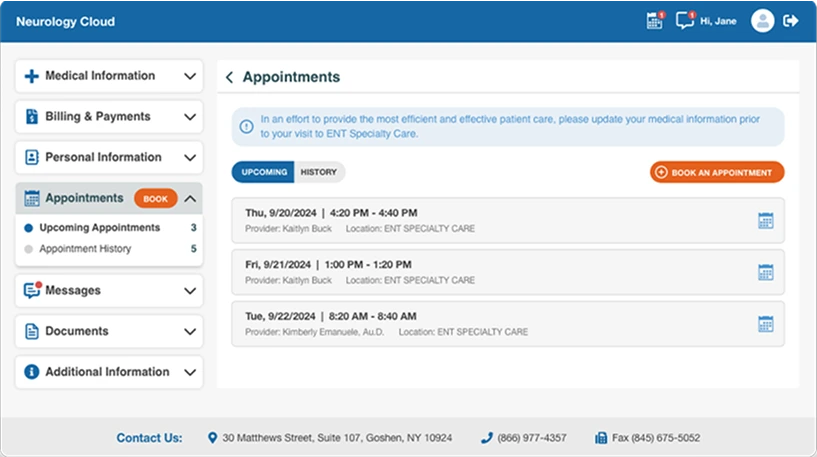 Neurology EHR Patient Portal Appointments screen