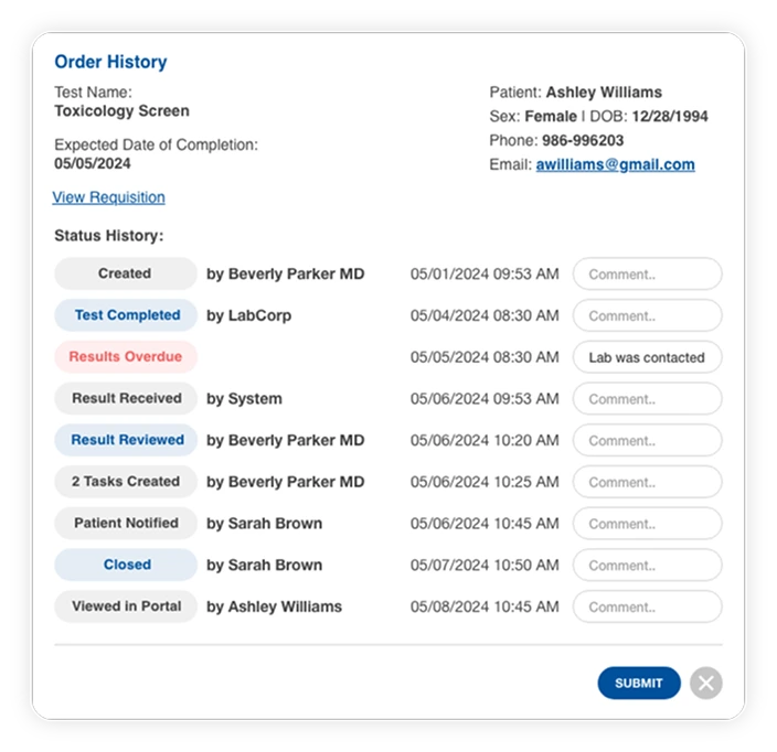 Lab Order Tracking Results Monitoring and Compliance Screen