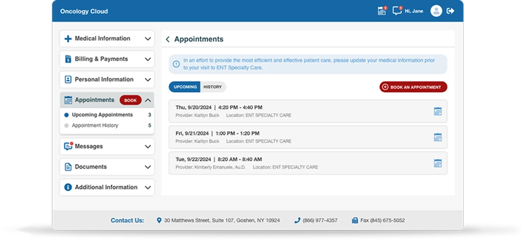 Oncology EHR Patient Portal Appointments screen