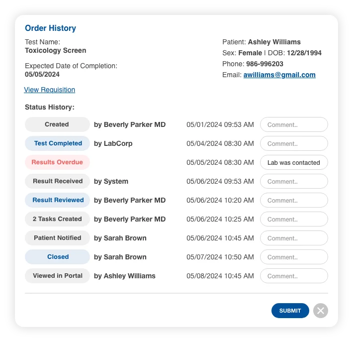 Lab Order Tracking Results Monitoring and Compliance Screen