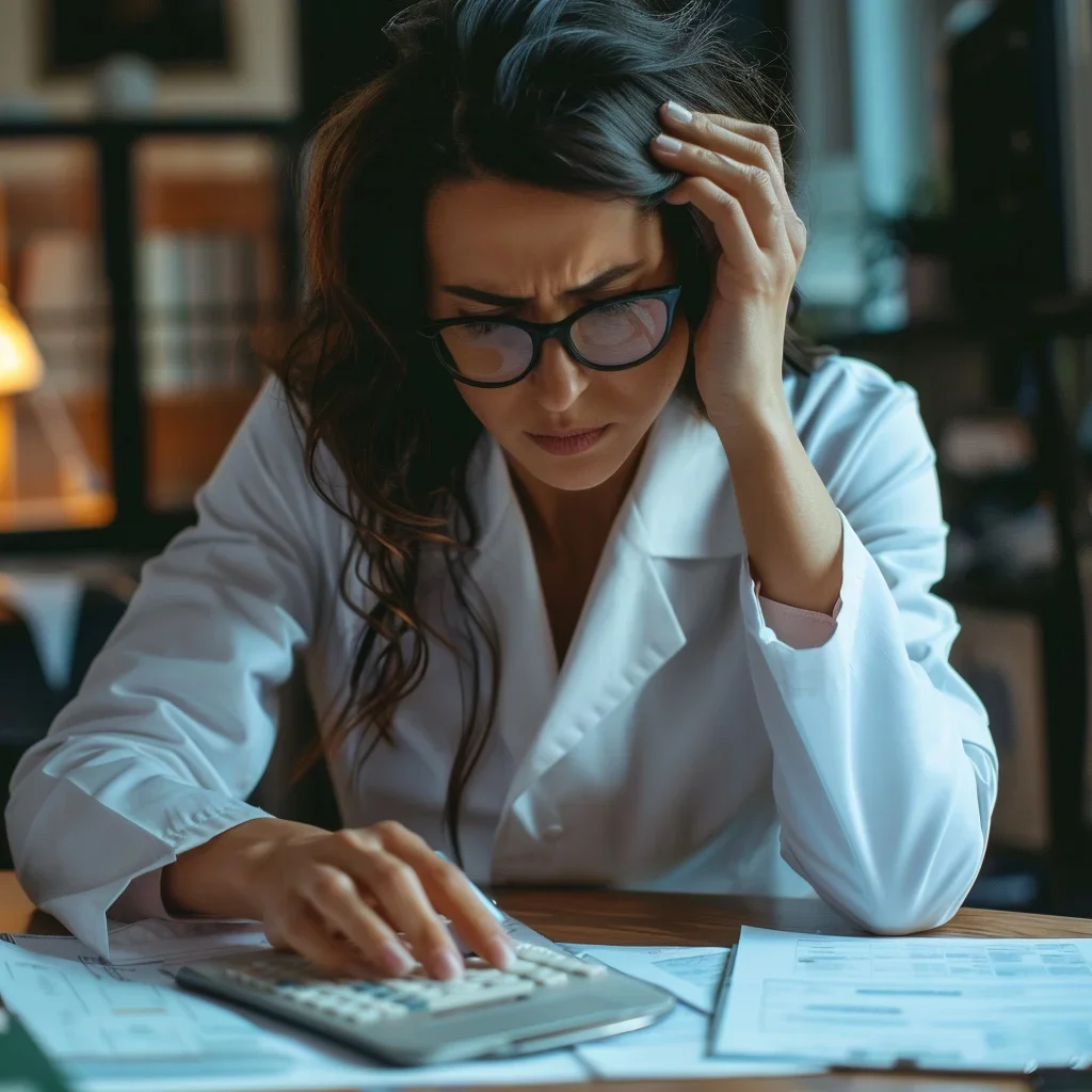 Overwhelmed Oncologist looking at billing paperwork