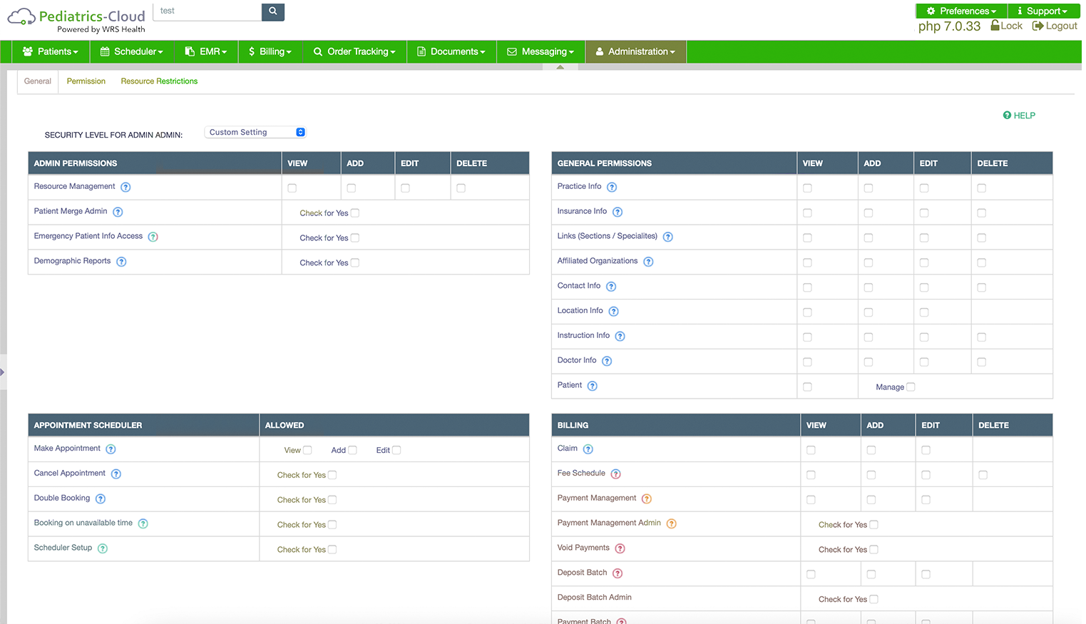 Pediatrics cloud administration screen