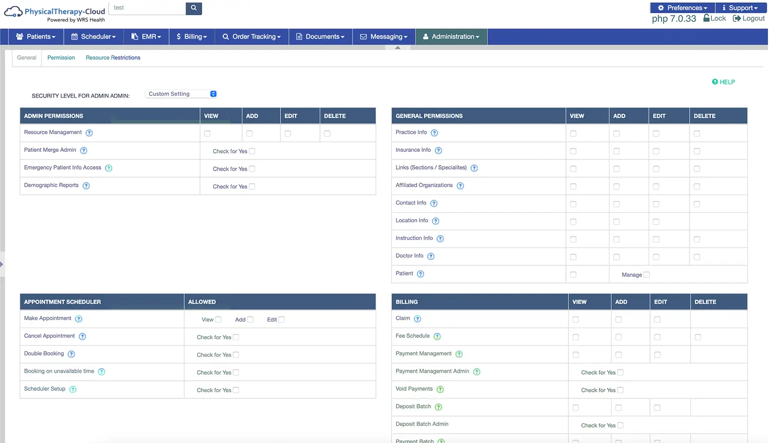 Physical Therapy Administration screen