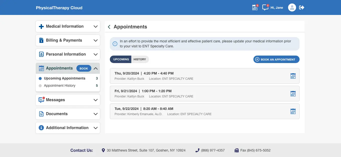 Physical therapy patient portal appointments screen