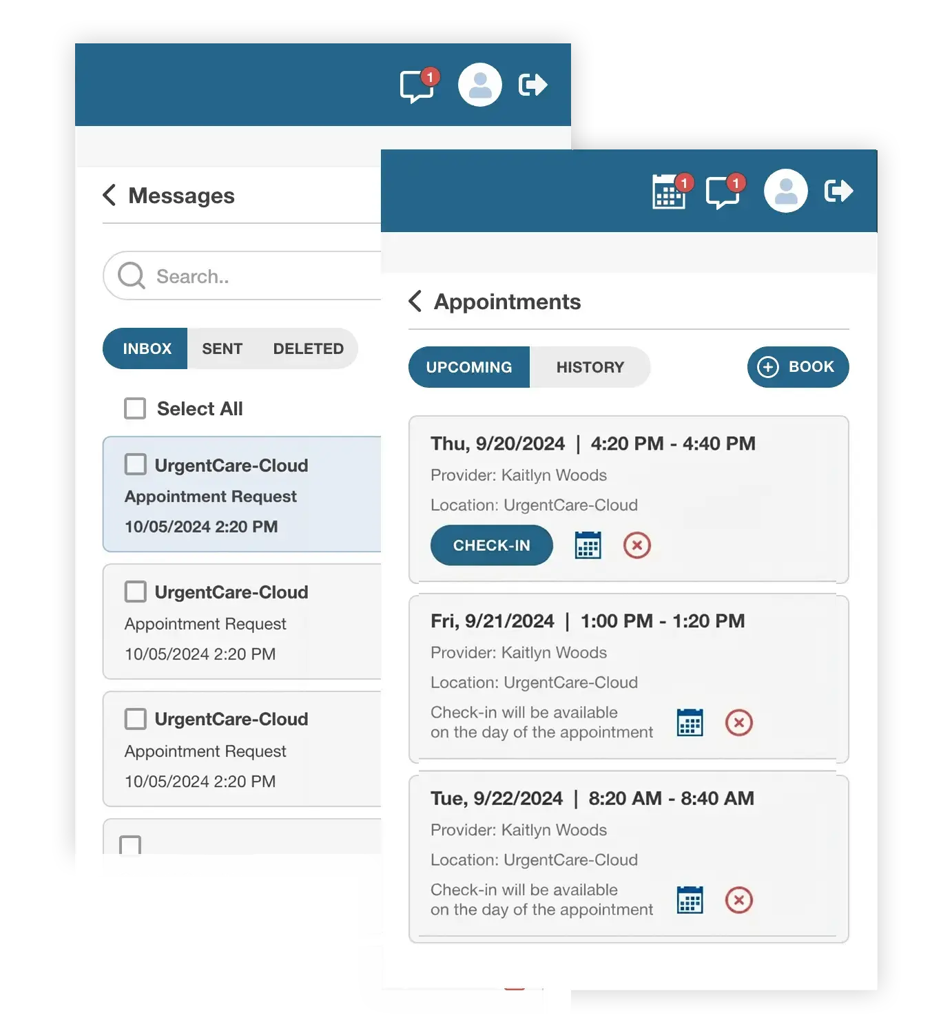 UrgentCare Patient Portal Messages and Appointments