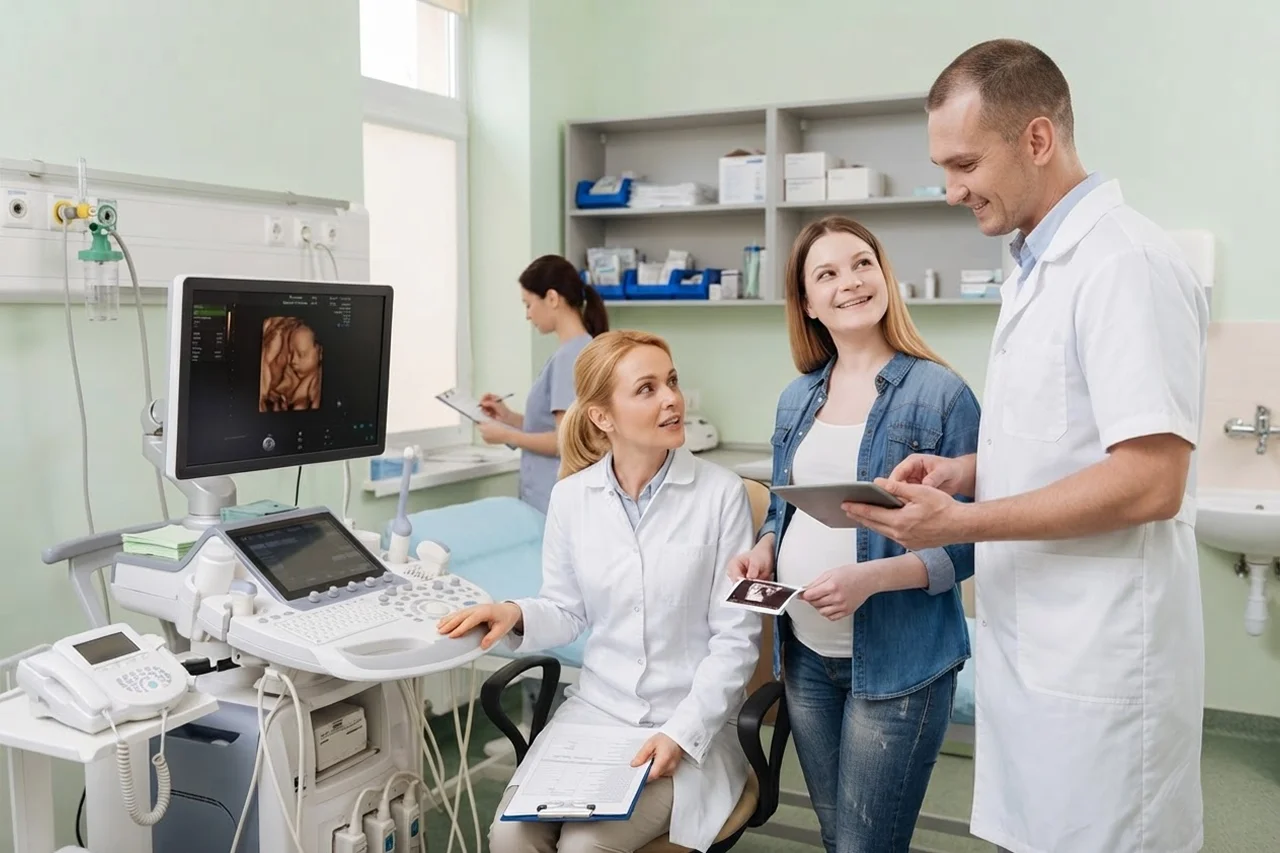 professional obstetricians with pregnant patient